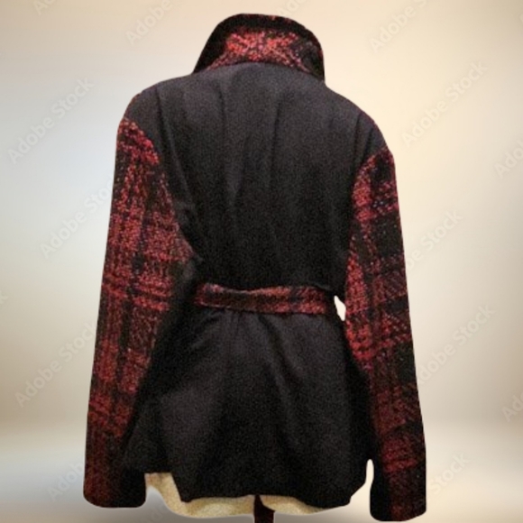 Lane Bryant Red and Black Plaid Wraparound Belted Jacket With Holiday Sparkle - Picture 6 of 9